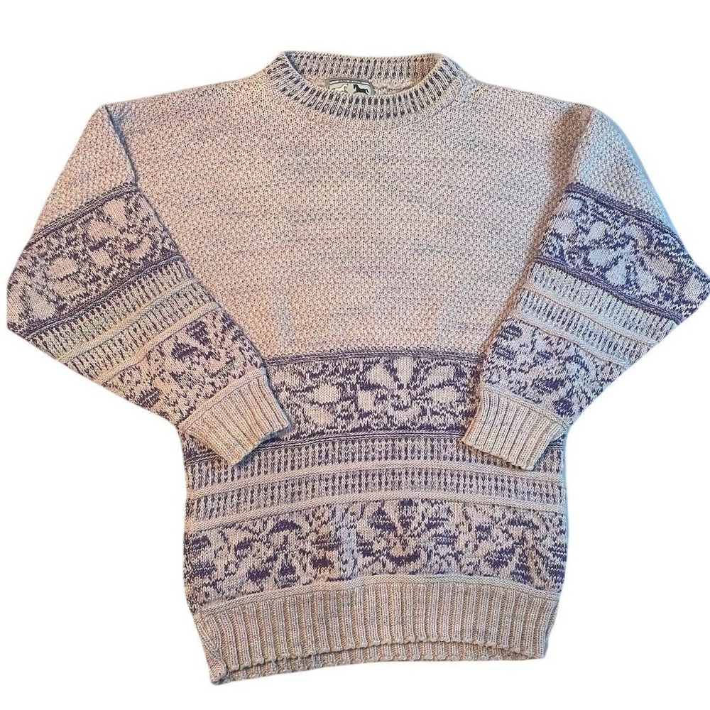 Black & White Knitwear Sweater Womens Large Lavender Floral Chunky Knit USA Made